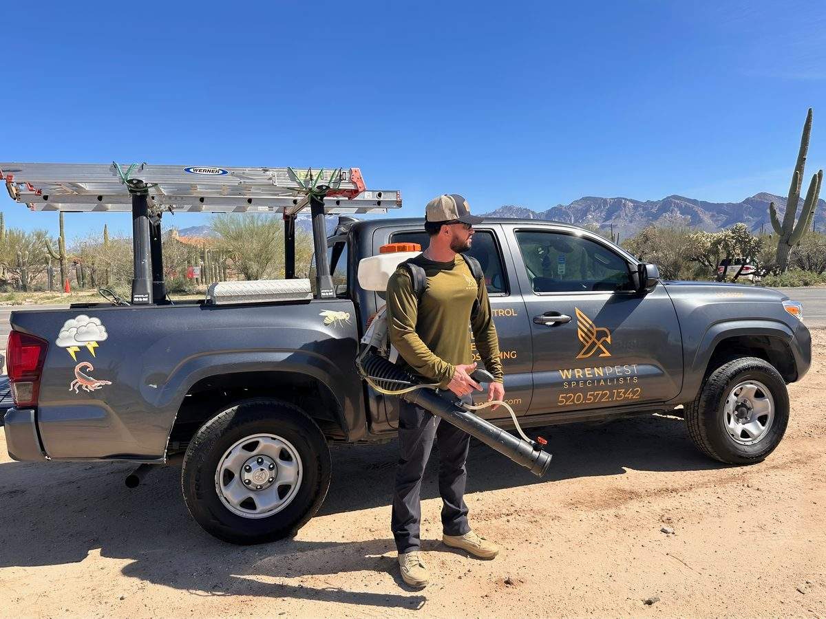 Wren Pest technician with professional mosquito fogging equipment ready for backyard treatment in Tucson